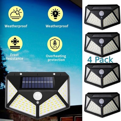 4x 100 LED Solar Power Wall Light PIR Motion Sensor Security Garden Lamp