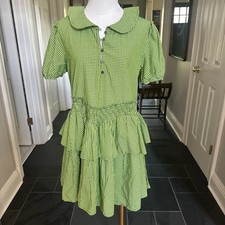 Urban Outfitters Green Gingham Mini Dress Puff Sleeve Collared Cotton M
