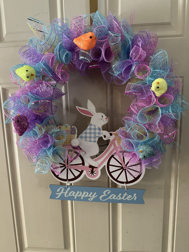 Happy Easter Bunny Bike Door Wreath LARGE 24” Spring Pink Blue Purple - Picture 1 of 6