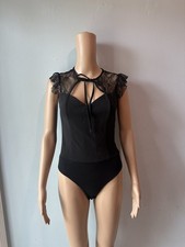 Lulus Women's Black Lace Yoke Tie Neck Cap Sleeve Stretch Sheer Bodysuit M