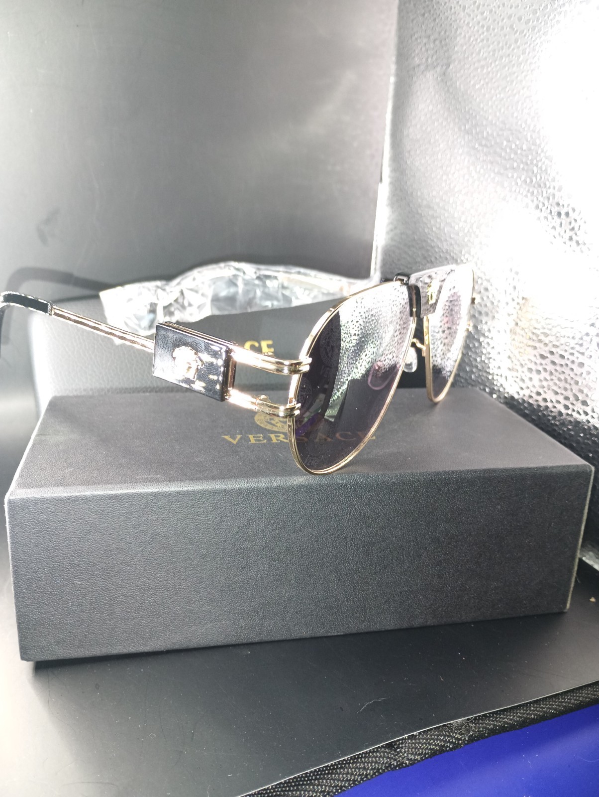 Versace Aviator Designer Sunglasses Gold Metal Frame Black Tinted Lenses Men thumbnail 2
