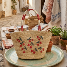 Large Capacity Embroidered Cherry Straw Shoulder Bag For Vacation Beach