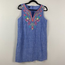 Talbots Linen Blend Floral Embroidered Dress Size 10P Sleeveless Shift Blue
