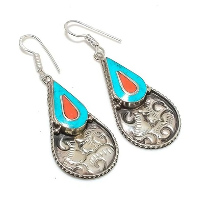 Boucles d'oreilles rouge corail turquoise argent tibétain bijou népalais... - Photo 1/4