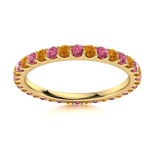 Full Eternity Round Citrine & Pink Topaz 925 Sterling Silver Gold Plated Ring