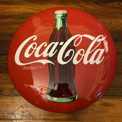 Vtg 1990 Coca Cola Button Metal Sign 12" Round Tacker Type The Good Old Days EUC