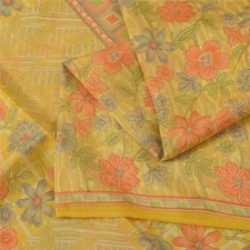 Sanskriti Vintage Sarees Yellow Indian Pure Silk Printed Sari 5 Yd Craft Fabric