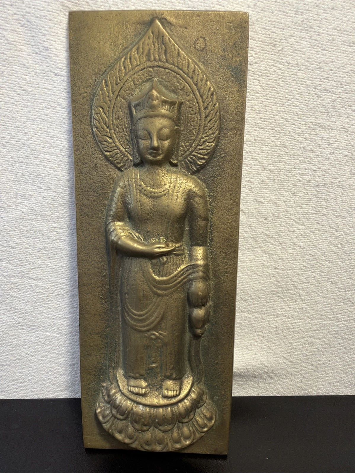 Vintage Korean Cast Brass Buddha Wall Plaque Relief Standing Kannon Bodhisattva