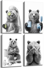 4Pcs Funny Bear Bathroom Canvas Wall Art Black And White Animal Wall Decor Pi...