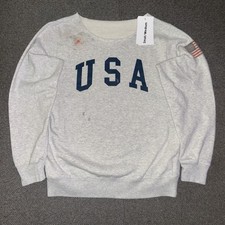 Vintage 90s USA American Flag Patch Grey Chopped Neck Sweatshirt Mens Size Large