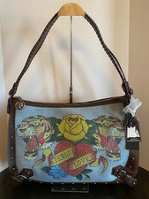 NWT Ed Hardy Large Demin Brown Eternal Love Rhinestones Tiger Flowers Hobo Bag