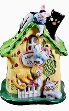 Blue Sky Clayworks “Lazy Cat Lounge” Tea Light Candle House 7.5” NEW W/tags