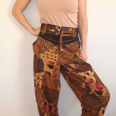 Funky Boho Indie Festival Vintage Batik Pants Mixed Print Tapered Belted 32''