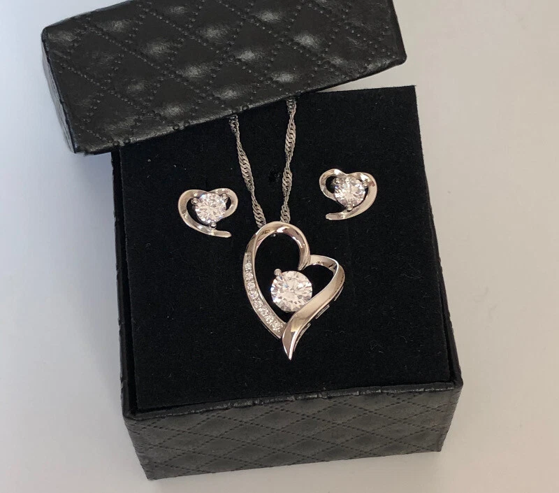 Edel Schmuckset Herz Kette Ohrringe Zirkonia Kristall 925er Sterling Silber Etui - Bild 3 von 4