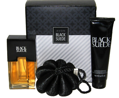 AVON BLACK SUEDE 3.4oz COLOGNE SPRAY SHOWER LOOFAH AND AFTER SHAVE CONDITIONER