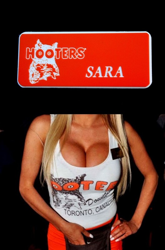 Hooters Uniform Sara Name Tag Pin Halloween costume xtra bar maid cheerleader