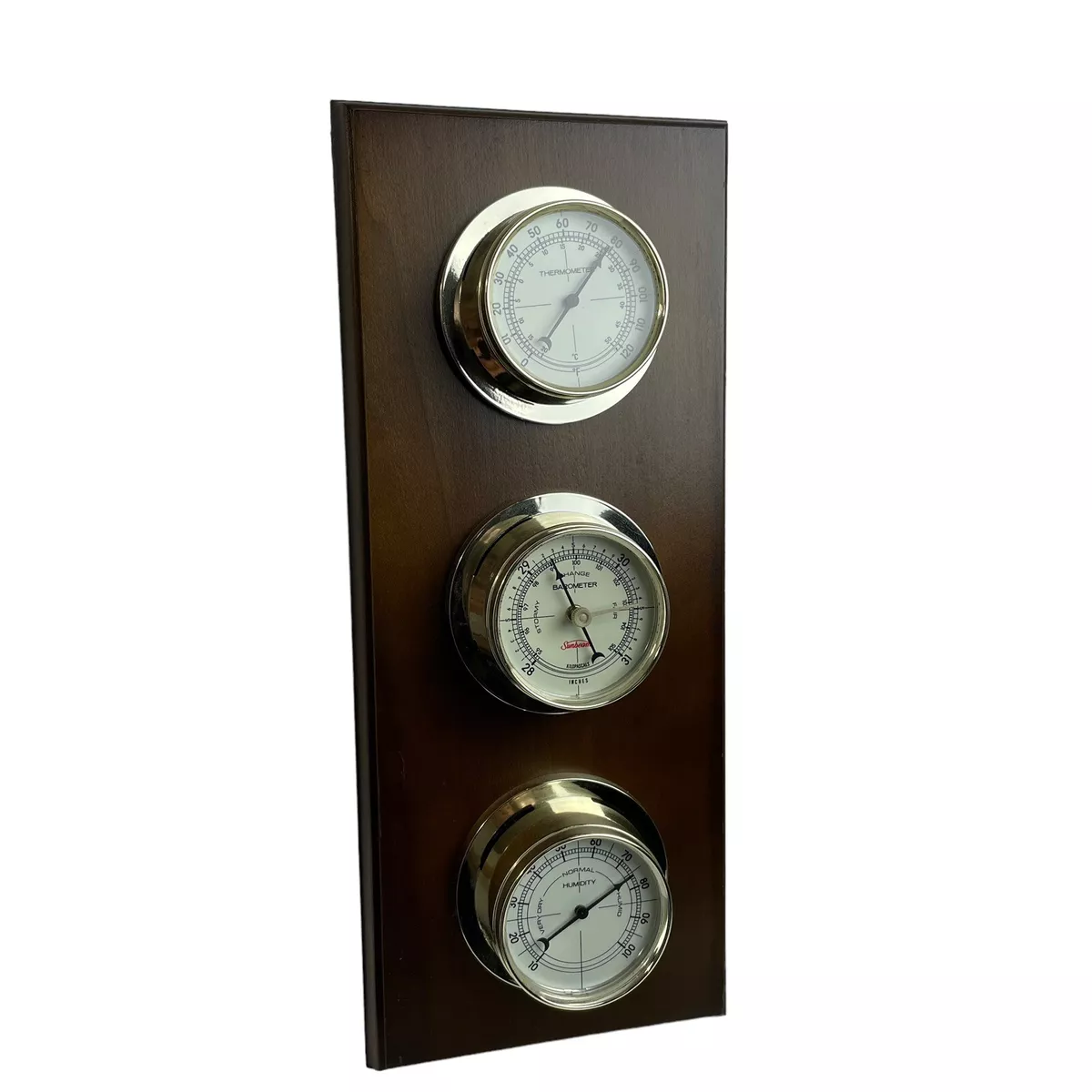 Vintage 3 Gauge Wood Sunbeam Weather Station Barometer Thermometer Humidity