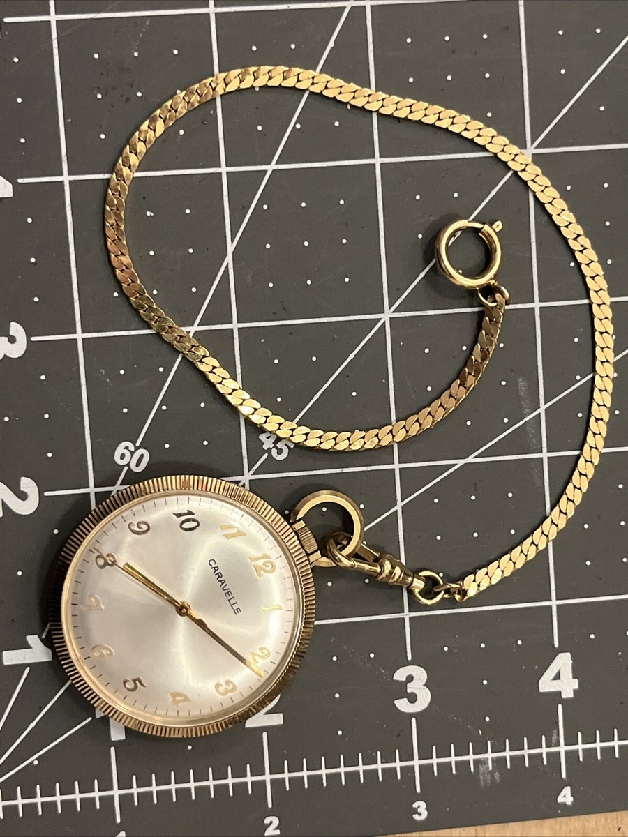 Vtg Caravelle Gold Plated Manual Wind Open Face Pocket Watch With