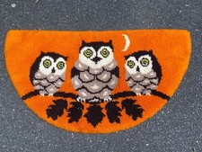Vintage Owl Latch Hook Throw Rug, 1970s Completed Latch Hook, 1970s Owl Decor