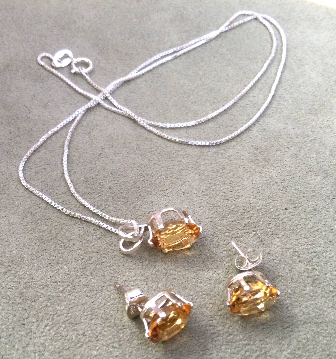 Sterling Silver 18 Inch Chain with Oval 8x6 Citrine Pendant and Stud Earrings Set