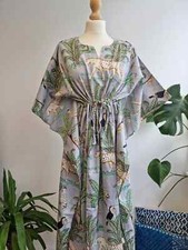Indian Grey Animal Printed Cotton Hippie Maxi Women Nightwear Caftan Dress