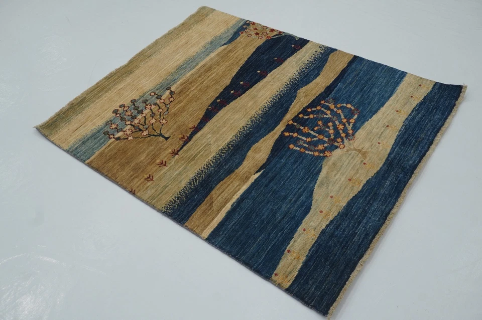 4 x 4 фута синий пейзажный афганский шерстяной племенной квадратный ковер ручной вязки Gabbeh - Изображение 2 из 4