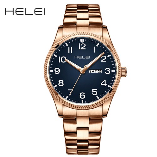 Helei Calendar Men's Quartz Watch Waterproof 43mm Stainless Steel