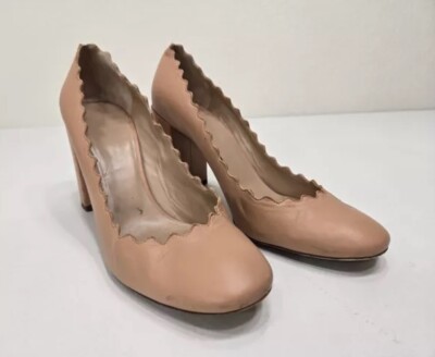 Chloe Beige Pink Lauren Scallop Block Heel Pumps Size Womens