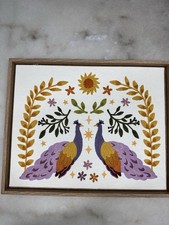 Peacocks Woven Textile Wall Art Framed Boho Purple Embroidered 14"x12"