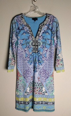 Hale Bob Blue Green Floral Filigree Swallow Tunic Shift Dress Small