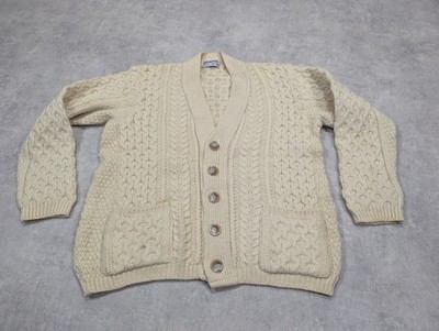 Vintage Kilspindie Strickjacke Herren M Creme 100% Wolle Zopfmuster Fischer Aran Preppy