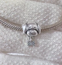 Pet Dog With Bow Charm S925 Sterling Silver Charm For Bracelet