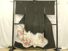 Japanese Kimono Luxurious Black Tomesode Embroidery Peacock Flower Halo Dyeing