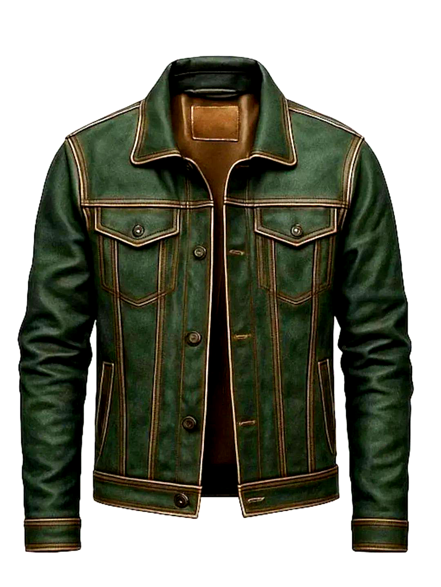 Trucker Leather Jacket For Men Real Sheepskin Vintage Style