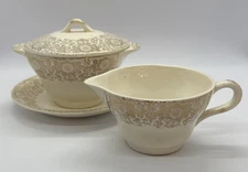 4 pc set Vintage Sugar and Creamer with under plate and lid Gold Filigree Color