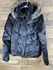 Guess Women's Sz L Black Puffer Jacket Faux Fur Hood Lined Coat