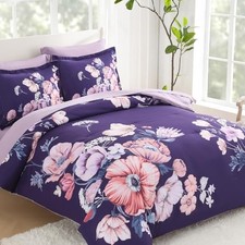 Comforter Set - 7 Pieces Bed in a Bag Floral Comforter Set Queen Dark Purple