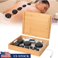 Bamboo Massage Stone Warmer W/ 10 Natural Stones Adjustable Heat Control New