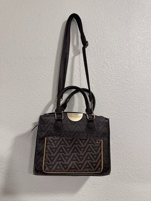 ALDO Brown/Black Geometric Satchel Top Handle Zip Detachable Strap Gold Pockets