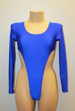 Women Thong Leotard 101-08 Long Sleeve High Open Thig Royal Blue Spandex Size M