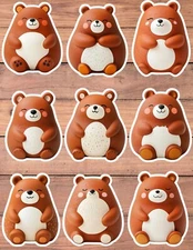 Cute Round Brown Bear Vinyl Die Cut Stickers Set Scrapbooking Laptop Waterbottle