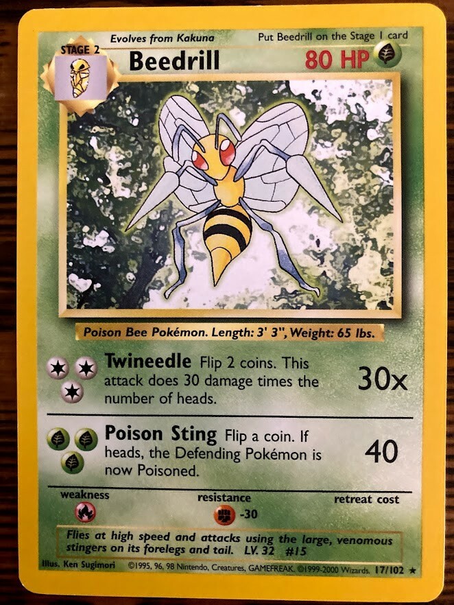 Pokemon Card: Beedrill - Base Set Unlimited 17/102 - Mint Condition - Rare 