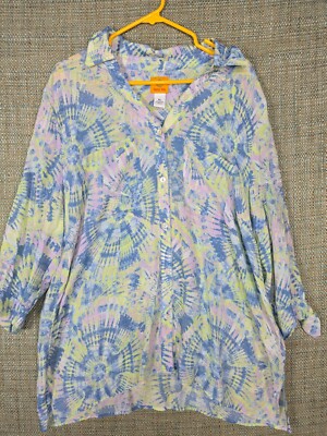 Ruby Rd Women's Top Button up XL Tie Dye Pink Green Blue Long Sleeve