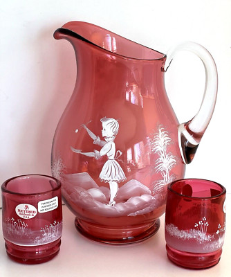 Fenton Art Glass Mary Gregory Pitcher and Glasses Hand Painted D Frederick NEW