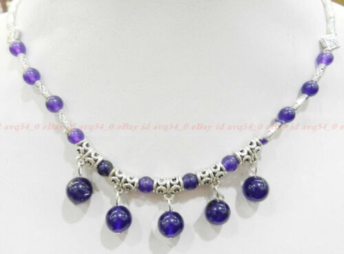 Natural 6-10mm Purple Jade  Round Beads Pendant TIbet Silver Necklace 18'' - 第 1/12 張圖片