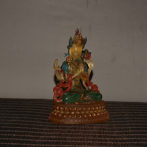 Collect China old colored glaze color double lotus pedestal four-arm Buddha - Picture 6 of 9