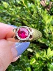 Ruby Gypsy Style Ring Unisex Men Woman Vintage 14K Yellow & White Gold Synthetic