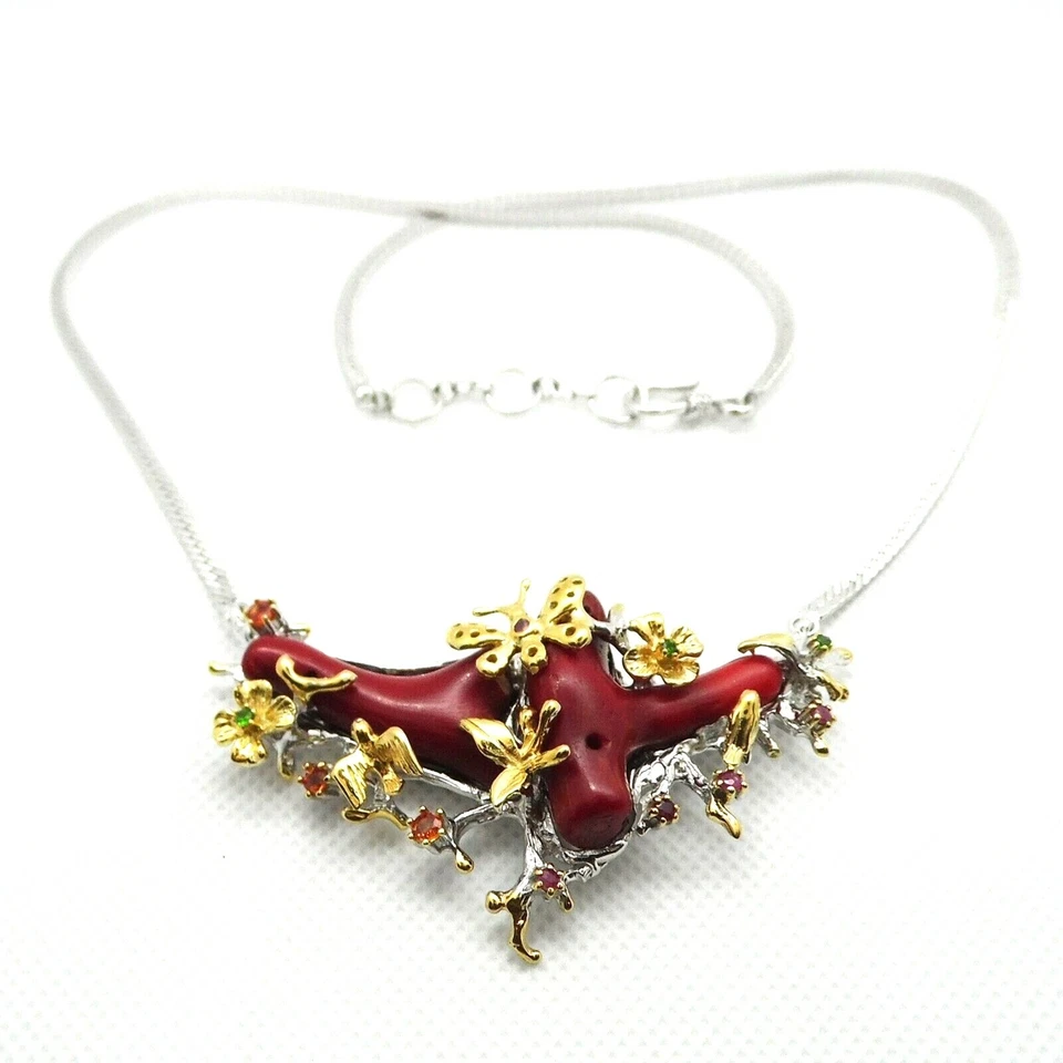 Koralle Saphir Rubin Smaragd Collier  925 Silber 585 Bicolor vergoldet 50 & 3 cm - Bild 2 von 4