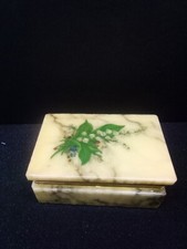  Vintage Alabaster Hand Crafted Stone Jewelery Box Lily Of The Valley Brass