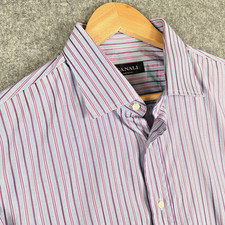 Canali Shirt Mens 17" Collar Blue Striped Long Sleeve Regular Fit Italian Made